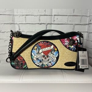 NWT Ed Hardy Love Kills Slowly Shoulder & Crossbody Bag Straw & Skull Design